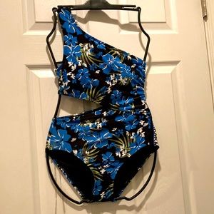 Michael Kors one shoulder cut out floral one piece, Sz 4